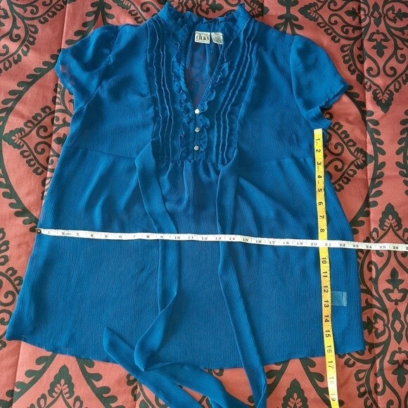 Duo Maternity Blue Sheer Blouse Tunic Top Tie Waist Belt Size Medium - Picture 7 of 8